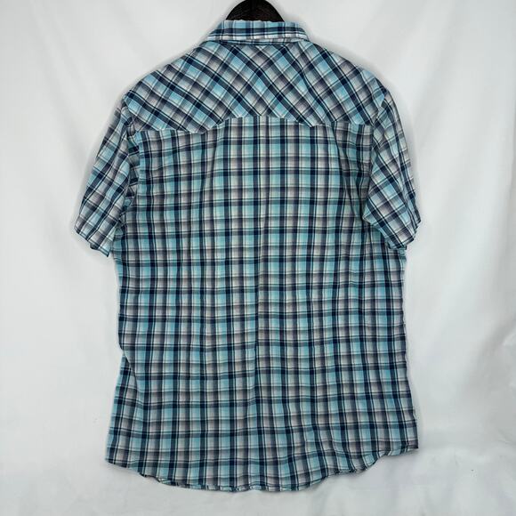 Wrangler Wrancher Mens Pearl Snap Shirt Blue Striped Short Sleeve ~XL Western - Picture 2 of 5